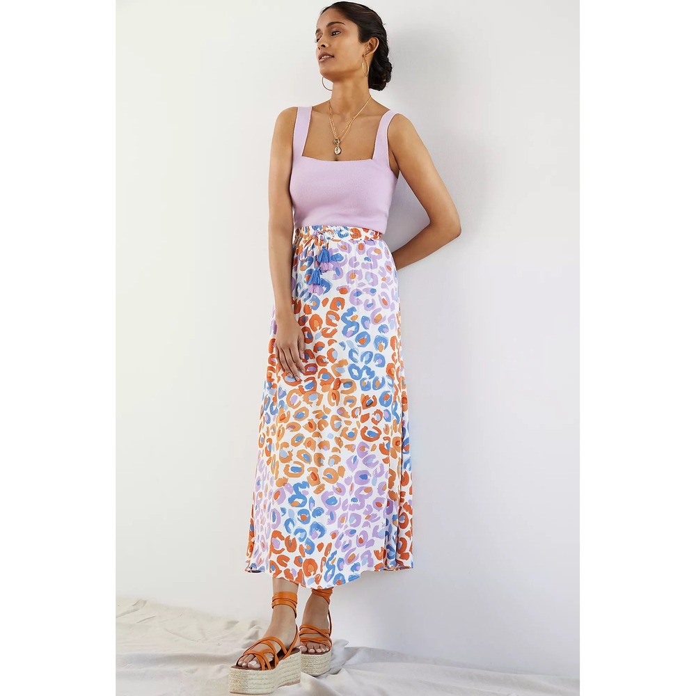 Farm Rio for Anthropologie Vibrance Leopard Print Maxi Skirt Tassel Tie Small